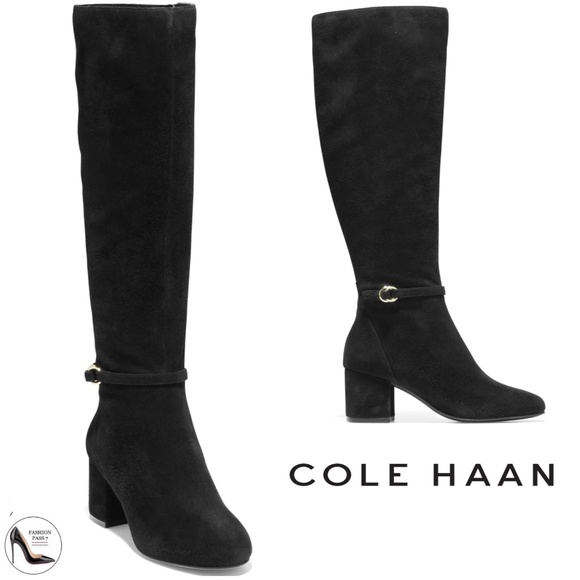 Cole Haan Dana Block Heel Boot 60MM Equestrian Black Suede TALL KNEE-HIGH BOOTS - Picture 1 of 9